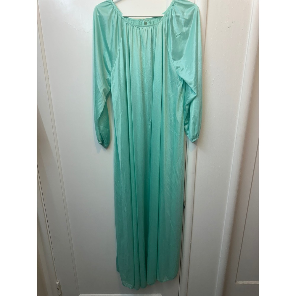 Vintage Sears Aqua Mint Green Nylon Nightgown Long Sleeve Maxi Lounge Dress OSFA